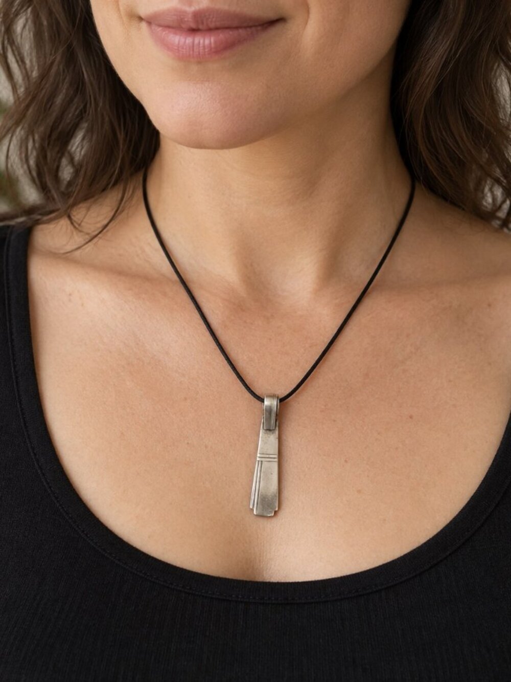 Vintage Silverware Spoon Handle Pendant Black Cord‎ Necklace Upcycled Boho